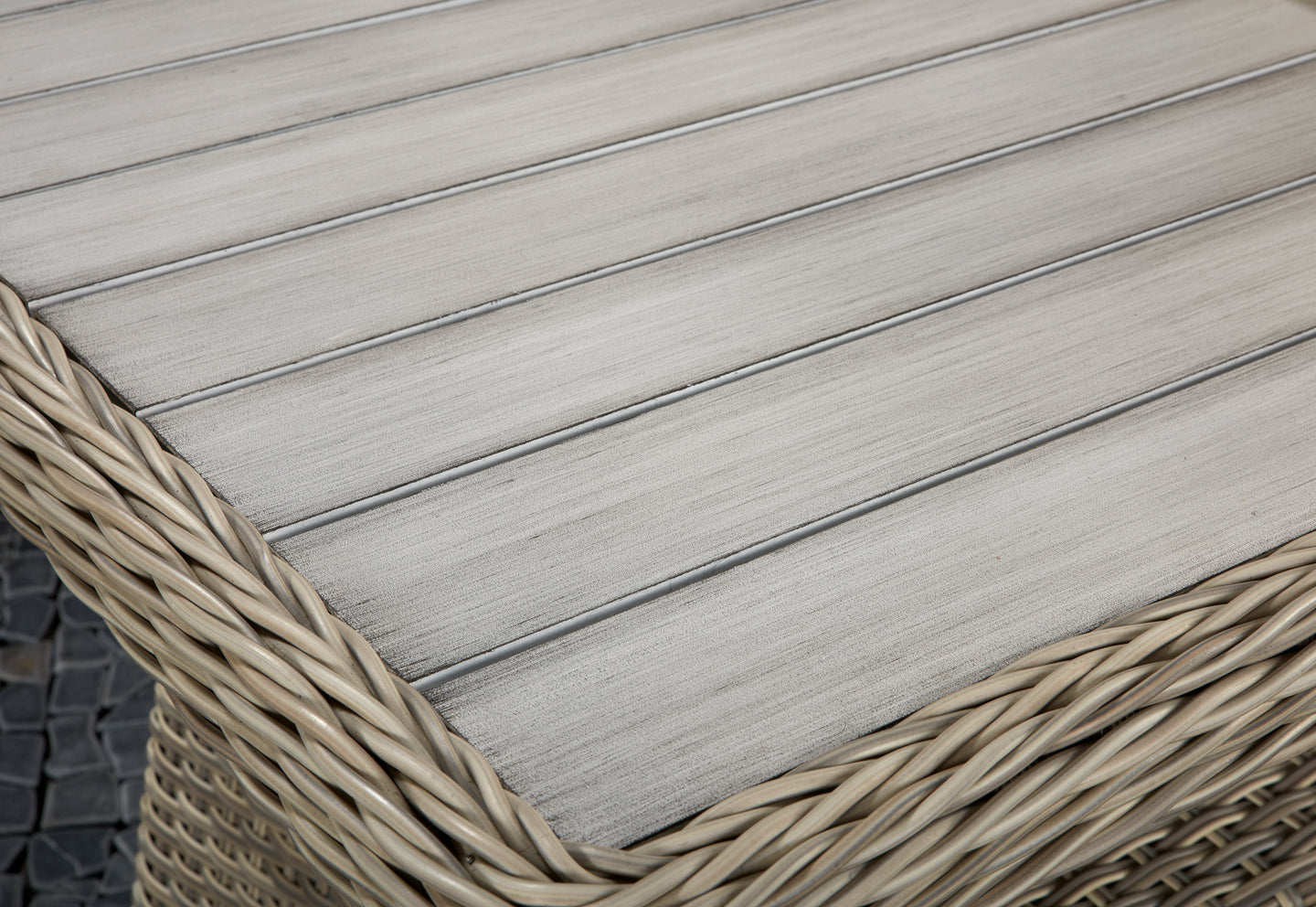 Signature Weave - Outdoor Furniture - Meghan - Four Seat Sofa Set With Supper Table In Creamy Grey Wicker With Pale Grey Cushions